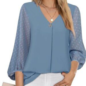 Bebonnie Womens Lantern 3/4 Sleeve Causal Loose V Neck Chiffon Blouses Tops
